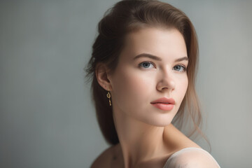 Fototapeta premium Effortless elegance timeless portrait of a woman with classic features and a natural beauty, set against a light gray background that exudes understated elegance, generative ai