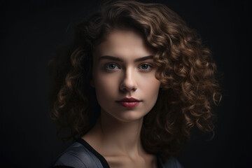 Elegant young woman with curly hair, wearing a dark gray off-shoulder dress and gazing confidently into the camera against a dark gray background, generative ai