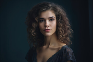 Fototapeta premium Elegant young woman with curly hair, wearing a dark gray off-shoulder dress and gazing confidently into the camera against a dark gray background, generative ai
