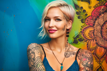 Exotic beauty of a woman with creamy white skin and intricate henna tattoos, against a vibrant, colorful background, generative ai
