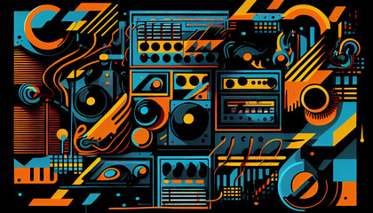 Techno music design pattern retro style background. Futuristic Vintage techno music, game 90s. Generative AI.