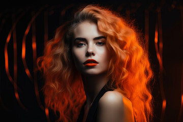 Fototapeta premium Glamorous portrait of a beautiful woman with flowing hair and bright neon orange lips, set against a dark and moody background, generative ai
