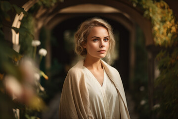 Gorgeous woman with cream-colored shawl wrapped around her shoulders standing in front of a cream-colored archway in a garden, generative ai