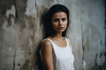gorgeous woman with attractive dark eyes and flowing black hair, dressed in a flowing white dress and standing against a textured dark tan concrete wall, generative ai
