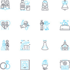 Fototapeta premium Nuptials linear icons set. Marriage, Wedding, Couple, Ceremony, Rings, Vows, Dress line vector and concept signs. Suit,Bouquet,Boutonniere outline illustrations