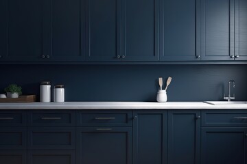modern kitchen with deep blue cabinets and white countertops. Generative AI
