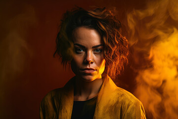Intense portrait of a fiery and passionate woman with a deep yellow background, exuding confidence and strength, generative ai - obrazy, fototapety, plakaty
