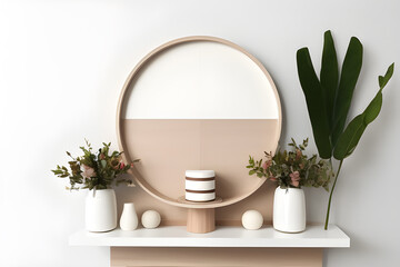 Modern wooden shelf with vases of flowers interior design