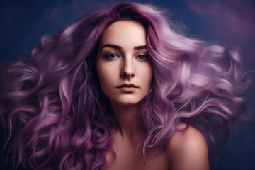 Magical Magenta Portrait of a Dreamy Woman with Flowing Purple Hair Against a Lavender Background, generative ai