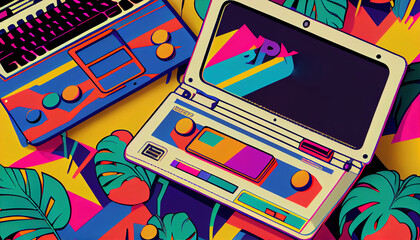Vintage desktop PC design pattern retro style background. Futuristic Vintage desktop PC, game 90s. Generative AI.