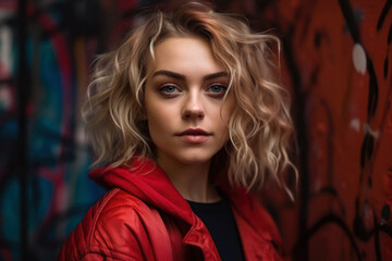 Fototapeta na wymiar mesmerizing woman with striking blue eyes and wavy blonde hair, dressed in a vibrant red outfit and posing against a dark tan graffiti-covered wall, generative ai