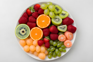 Fototapeta na wymiar Bowl of fruits top view on white background