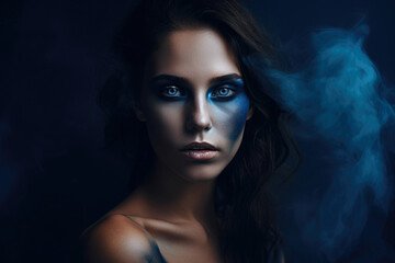 Mysterious and alluring portrait of a beautiful woman with a dark blue background and smoky eyes that hold secrets untold, generative ai
