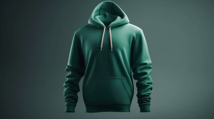 A plain 3D hoodie mockup in green color, with no design, on a white background Generative AI