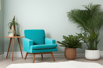 Fototapeta na wymiar Modern living room with furniture and plants pot