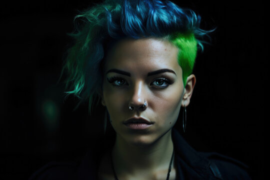 Mysterious portrait of a stunning woman with neon green hair and piercing blue eyes, against a dark blue background, radiating a sense of enigma and allure, generative ai