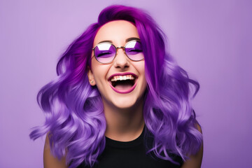 Portrait of a beautiful woman with a mischievous smile and vibrant purple hair, posing against a bold, bright light purple background, generative ai