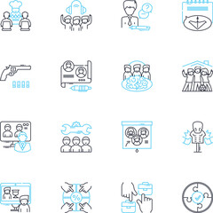 Neighborhood linear icons set. Community, Diversity, Culture, Friendship, Safety, Environment, Developments line vector and concept signs. Entertainment,Walking,Friendly outline illustrations