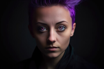 Portrait of a beautiful woman with bold, angular features and piercing, deep purple eyes, standing against a dramatic, dark light purple background, generative ai