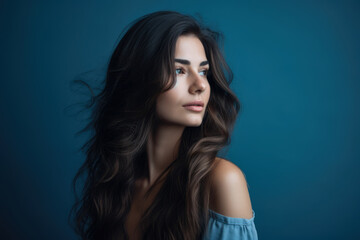 Portrait of a beautiful woman with light blue background and long wavy hair, looking off into the distance with a dreamy expression, generative ai