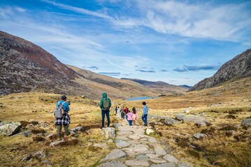 Cwm Idwal walk overlooking Mount Tryfan in Snowdonia. Wales