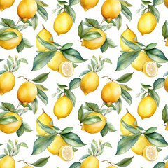 Seamless pattern with many lemons on white background in watercolor style. Generative AI.