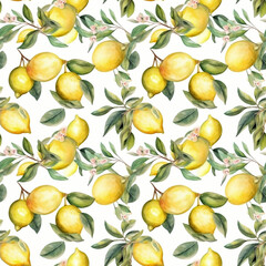 Seamless pattern with many lemons on white background in watercolor style. Generative AI.