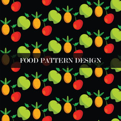 Seamless food pattern made from small illustrations with food lettering in rounded label.