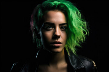 Naklejka premium Portrait of a beautiful woman with luscious neon green hair against a black background, exuding confidence and strength, generative ai