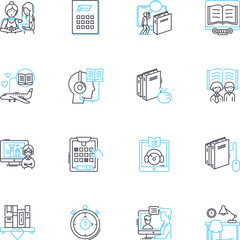 Investigation notion linear icons set. Suspicious, Evidence, Clues, Detectives, Interrogation, Crime, Motive line vector and concept signs. Hunch,Inspect,Analyze outline illustrations