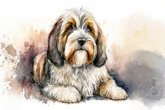 Generative AI. Watercolor portrait of a Basset Griffon Vendeen dog. Cute head of a domestic dog for print on pillow, T-shirt, card.