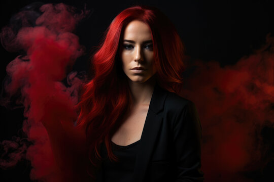 portrait of a beautiful woman with long dark red hair, wearing a matching dark red outfit and standing in front of a black background with red smoke effects, generative ai
