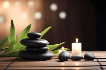 Spa still life with aromatic candles, zen stones, and plants. Generative AI