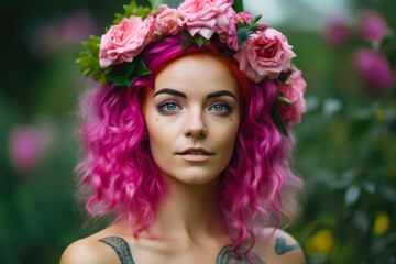 Portrait of a beautiful woman with neon pink hair and vibrant floral headpiece, standing in a lush green garden, generative ai