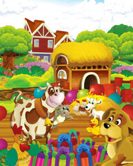 cartoon scene with cow having fun on the farm on white background - illustration for children