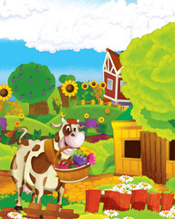 Obraz na płótnie Canvas cartoon scene with cow having fun on the farm on white background - illustration for children