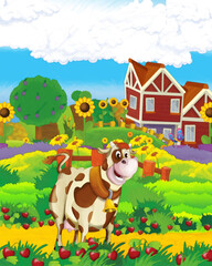 Obraz premium cartoon scene with cow having fun on the farm on white background - illustration for children