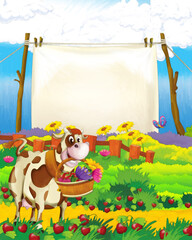 cartoon scene with cow having fun on the farm on white background - illustration for children