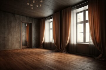 A 3D rendered mock-up of an empty interior with grunge brown walls, wooden floors, and linen curtains. Generative AI