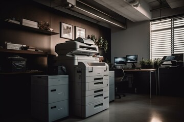 A workplace featuring a copier machine. Generative AI