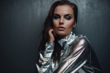 portrait of a beautiful woman with silver lipstick, wearing a metallic silver jumpsuit and posing against a silver wall, emanating a bold and adventurous vibe, generative ai