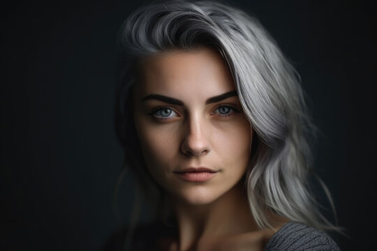 portrait of a beautiful woman with silver hair and a piercing gaze against a metallic silver wall, generative ai