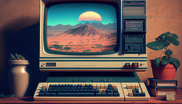 Vintage desktop PC design retro style background. Futuristic Vintage desktop PC, game 90s. Generative AI.