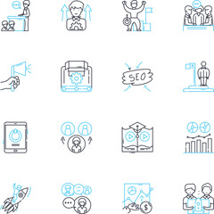 Human management linear icons set. Leadership, Communication, Delegation, Motivation, Empowerment, Training, Development line vector and concept signs. Feedback,Coaching,Performance outline