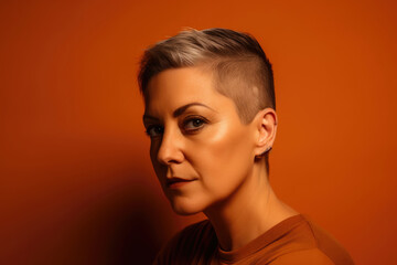 Portrait of a confident and assertive woman with a short haircut and fierce gaze against a burnt orange background, showcasing strength and determination, generative ai