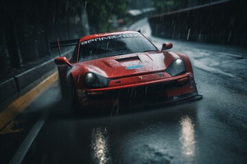 Fototapeta na wymiar High-speed race car driving through rain. Generative AI