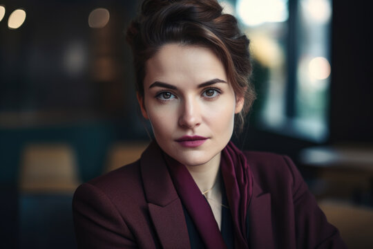 Portrait of a confident and powerful businesswoman with a plum-colored suit and matching lipstick, standing in a modern office, generative ai