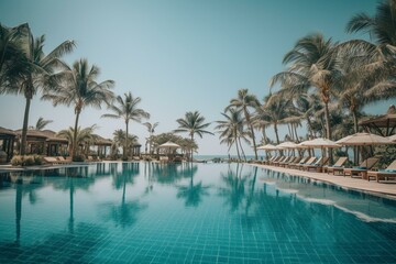 Fototapeta na wymiar Luxurious beach resort with swimming pool, beach chairs, palm trees, blue sky. Summer travel concept. Generative AI