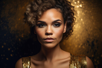 Portrait of a fierce woman with bold, golden makeup and a confident gaze, set against a metallic gold background with shimmering texture, generative ai