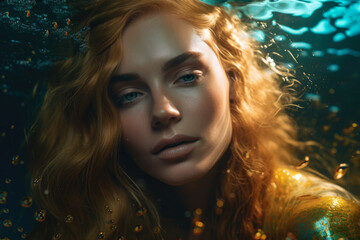 Portrait of a mermaid-like woman with flowing, golden tresses and luminous, iridescent skin, set against an underwater backdrop of sparkling gold and aqua tones, generative ai